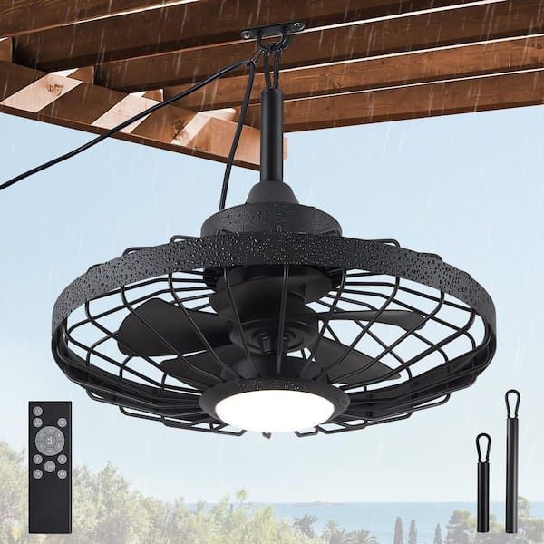 20 in. Outdoor Black Waterproof Caged Ceiling Fan Rope Hook Portable Hanging Ceiling Fan with Light and Remote