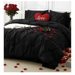 CozyLux Queen Comforter Set Black, 7 Pieces Pintuck Bed in A Bag, Premium Black Comforter Queen Size, Pinch Pleat Bedding Sets with Comforter, Sheets,