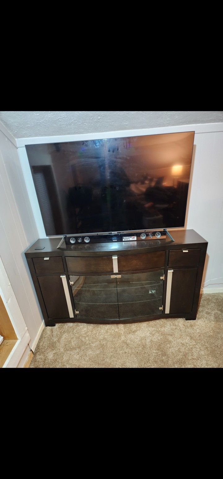 Wood / Glass TV Stand With Shelves And Drawers