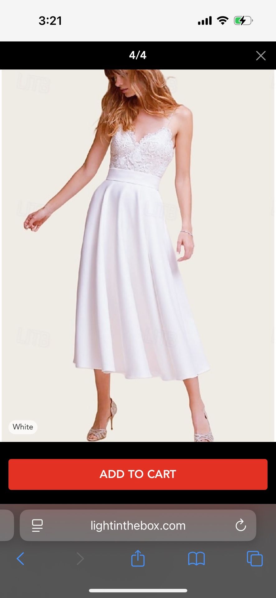 Never worn elegant white, mid length, lace and satin spaghetti strap wedding dress, size 6