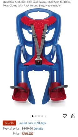 Child Bike Seat, Kids Bike Seat Carrier, Child Seat for Bikes, Pepe, Clamp with Rack Mount, Blue