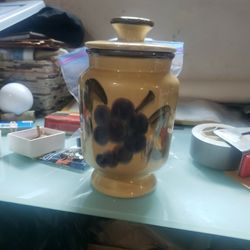 Vintage Los Angeles Pottery Canister/Cookie Jar w/ Lid Camel Beige w/ Fruit -MCM