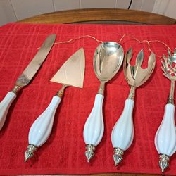 Godinger Silver Plated Serving Set White Porcelain 5 pc Cake Serve 