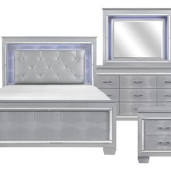 NEW Silver Gray Light Queen King 4PC Bedroom Set Modern Furniture Bed