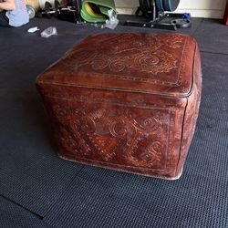 WESTERN ANTIQUE TOOLED LEATHER OTTOMAN