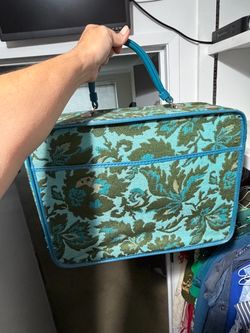 Avon 1970s Vintage Suitcase Turquoise Floral Tapestry Carpet Bag, Boho Hippie
