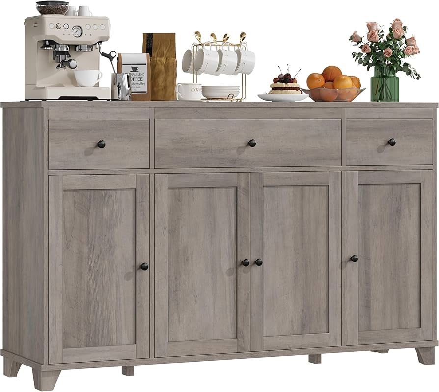55" Large Kitchen Buffet Cabinet with Storage Drawers, Farmhouse Sideboard Buffet Table Storage Cabinet with Doors and Shelves, Wood Coffee