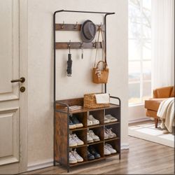 Entryway Coat Rack and Storage Organizer with Shoe Rack 7 Hooks