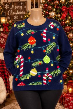 Navy Blue Christmas Lights Candy Cane Holiday Ugly Sweater Size XL🎄