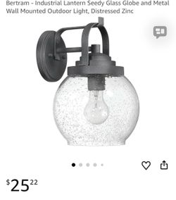 Bertram - Industrial Lantern Seedy Glass Globe and Metal Wall Mounted Outdoor Light, Distressed Zinc