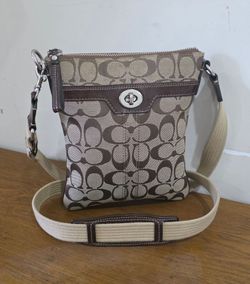 Coach Signature Jacquard Brown/Tan leather Crossbody bag