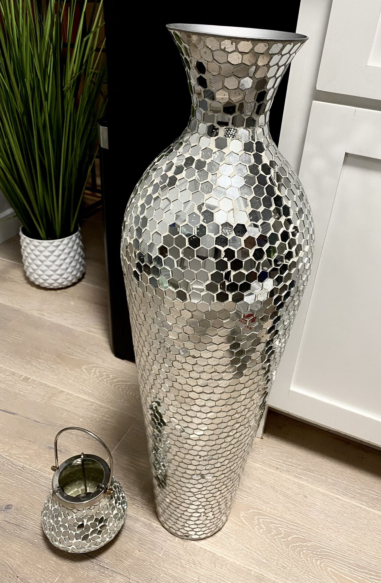 Floor Tall Mirrored Vase with Candle Holder. $45