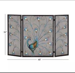Black Metal Peacock Foldable Mesh Netting 3-Panel Fireplace Screen with Crystal Accents96318