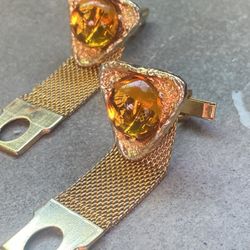 Gorgeous Amber rhinestone Gold  mesh wrap vtg Cufflinks