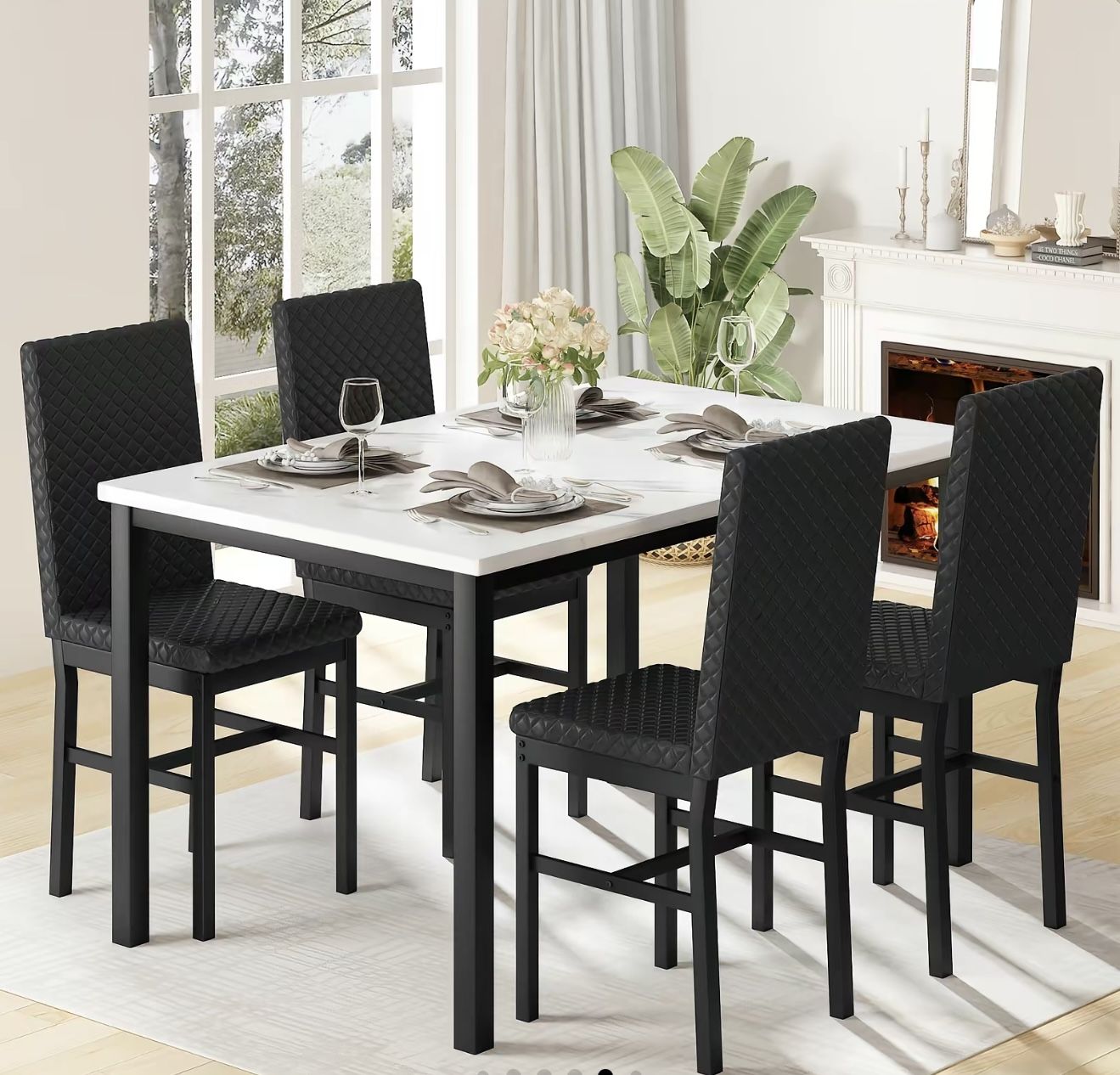 Dining Set Metal Frame Table Faux Marble 4 Metal Frame Chairs Velvet Modern Upholstered 