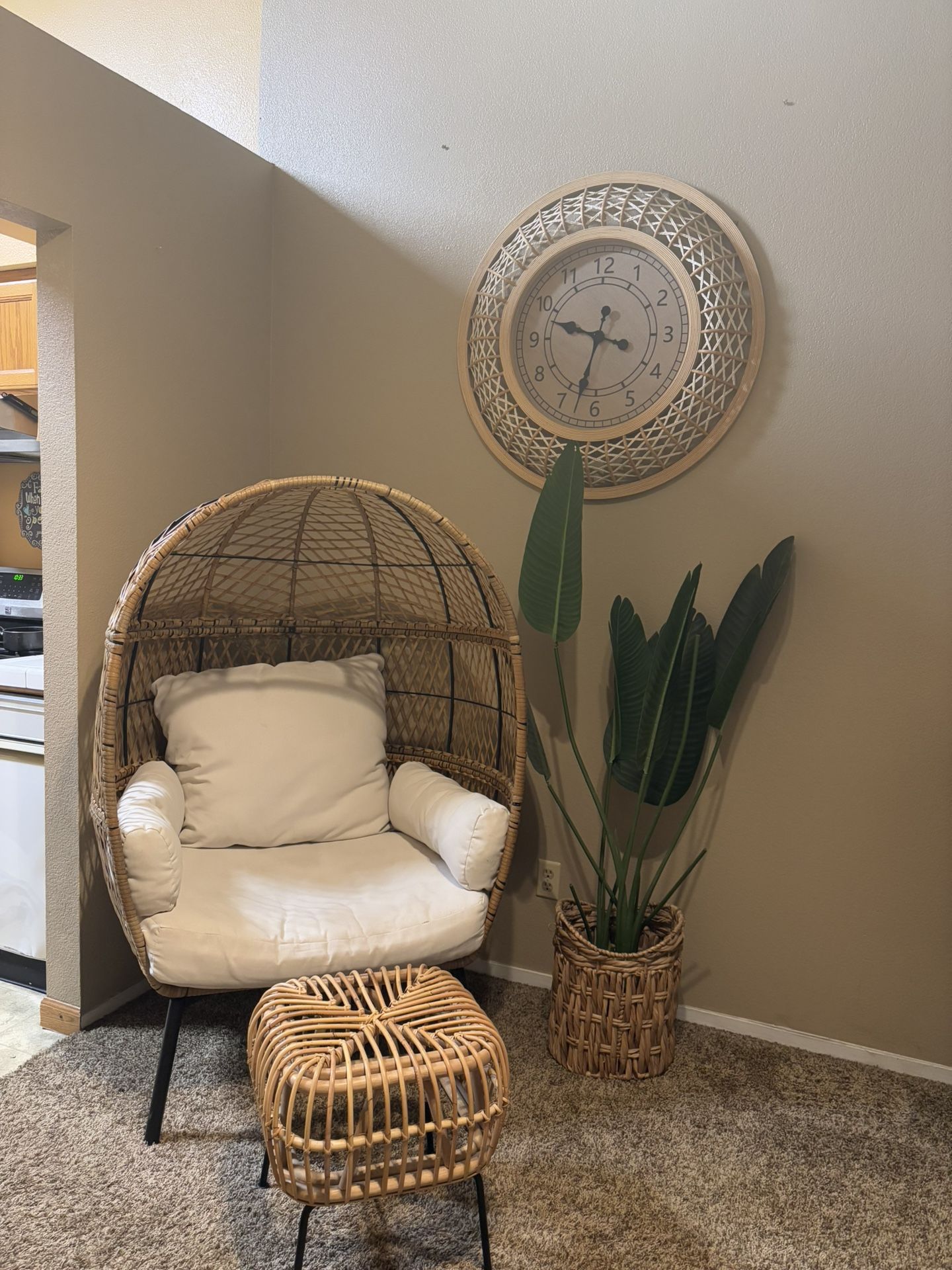 Boho Egg Chair W/ Foot Stool and Wall Clock 