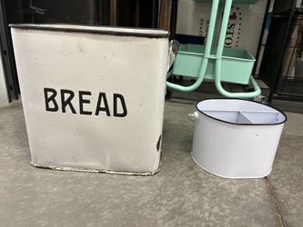 Country Chic Weathered Old School Bread Tin And Metal Flatware Or Accesory Container With Handle