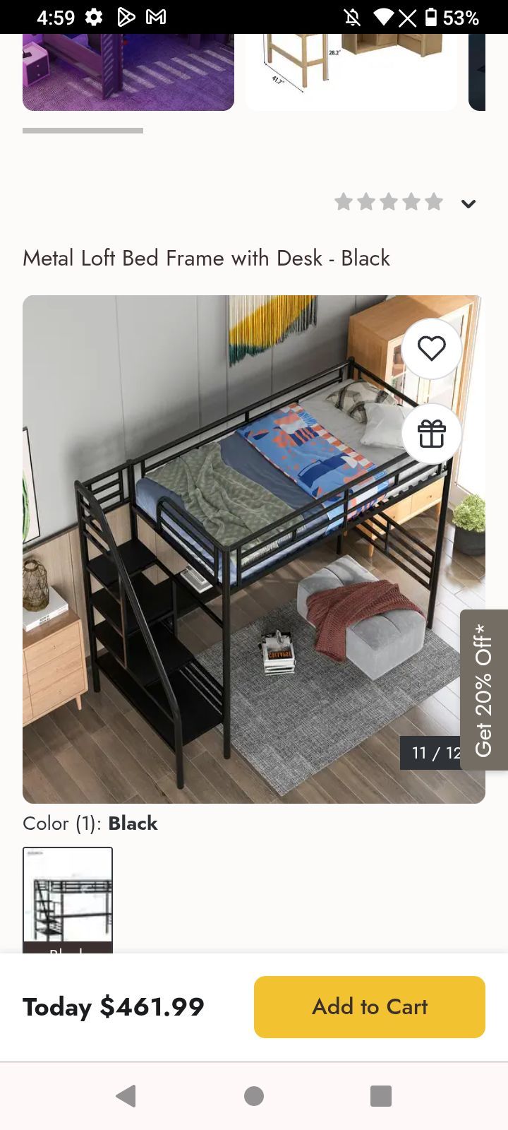 Metal loft bed frame XL