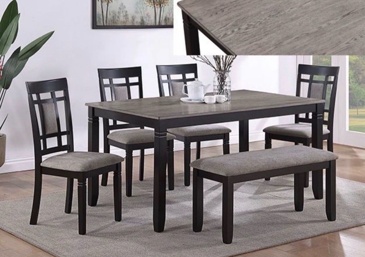 NEW Wood Grey Dining Table + 4 Chairs Chair plus Bench Set