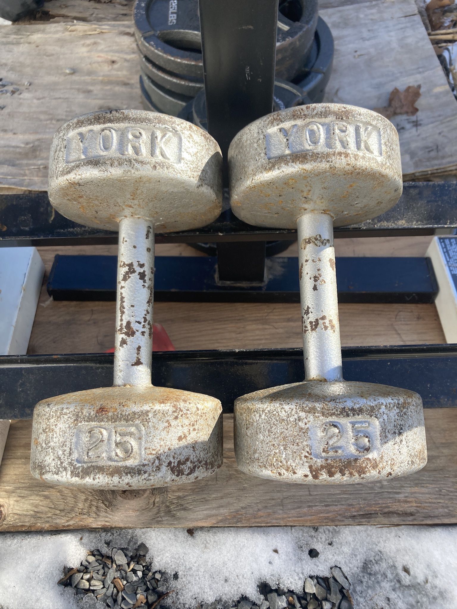 Pair Of Vintage Steel York 25 Lb Dumbbells
