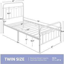 Twin Metal Bed Frame with Vintage Spindle Headboard White Heavy-duty steel frame supports up to 450 lbs, assembles easily and offers under-bed storage