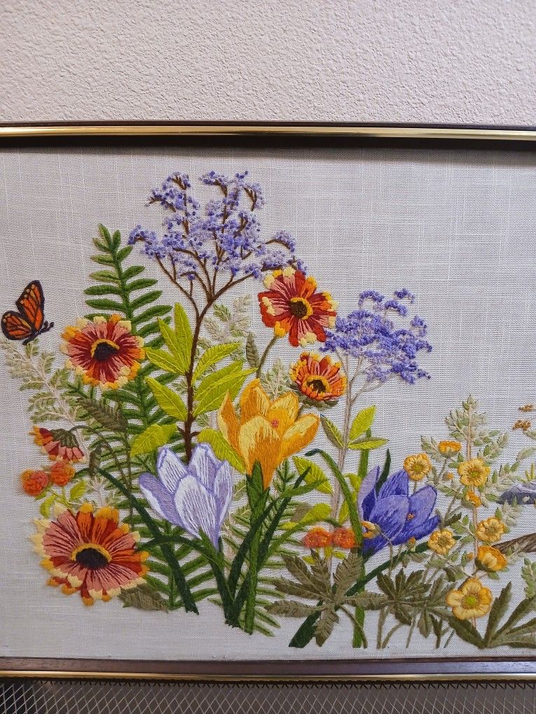 Vintage XL Flower Meadow Crewel Embroidery Framed Art ~ 41” x 19” ~ 1975 National Paragon Corp.