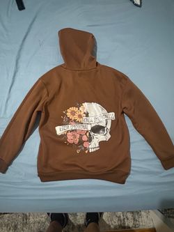 Brown polyester hoodie with skull and flowers graphic, size M #skull #floral