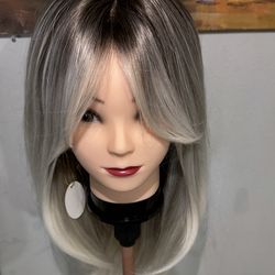 Synthetic Blend Dark root light blonde wig with bangs and realistic scalp
