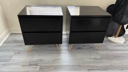 Black Nightstands with Gold Hairpin Legs – Set of 2