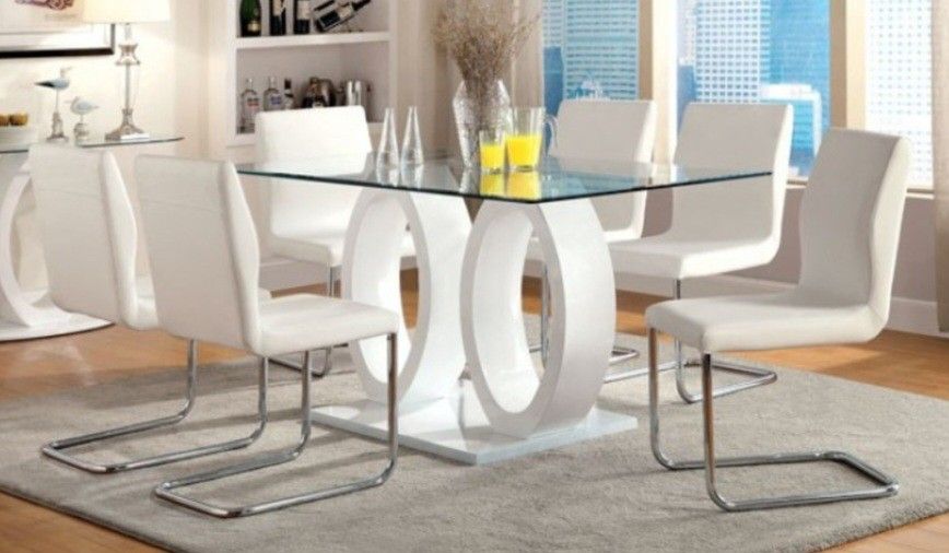 Brand New White Modern Style 7pc Formal Dining Table Set 