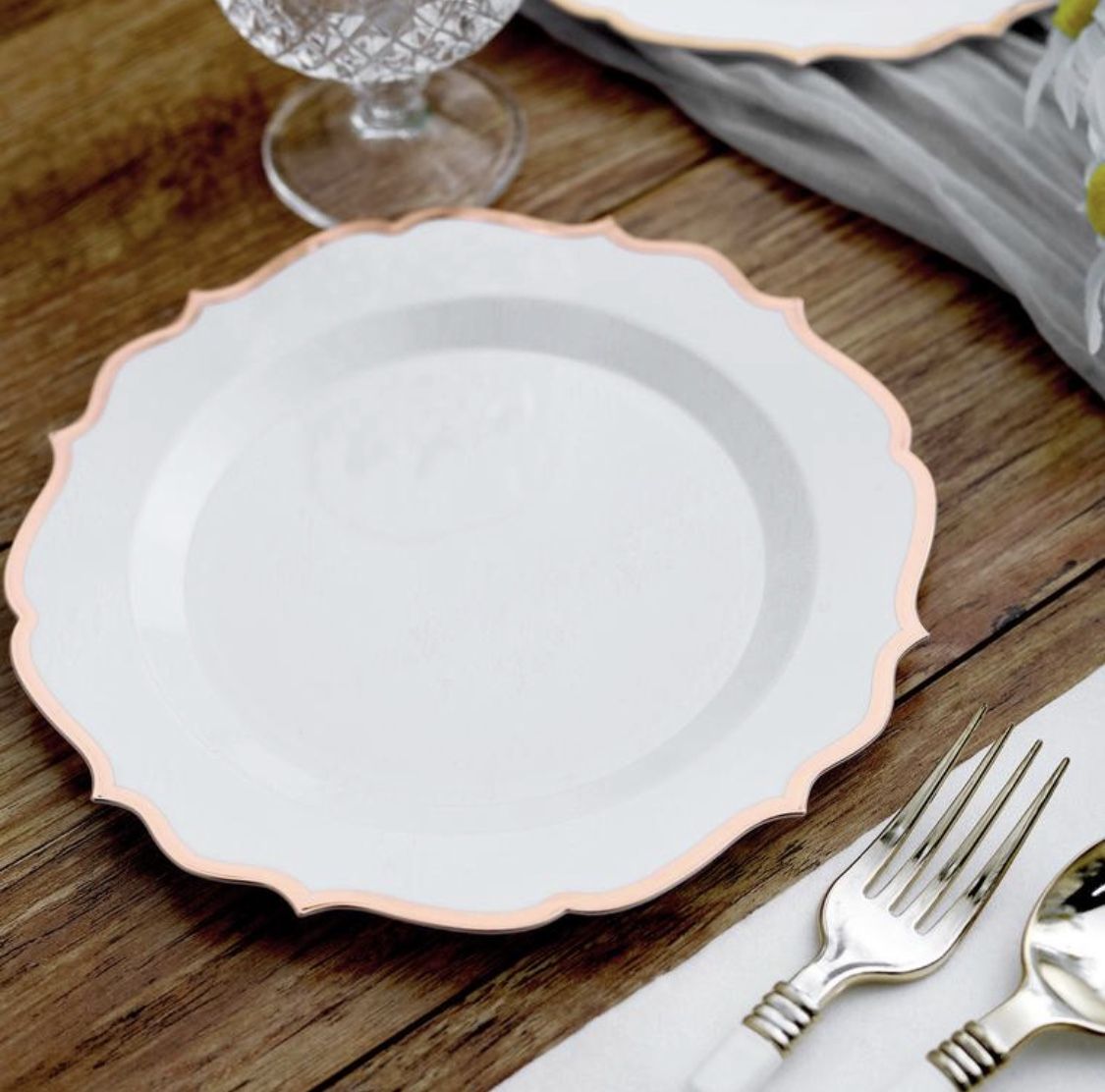 100 | 8" Heavy Duty Disposable Plates, Plastic Salad Dessert Plates With Rose Gold/Blush Scalloped Rim
