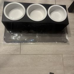 3x Ceramic Cat Dog Bowl Elevated Feeder With Bamboo Board