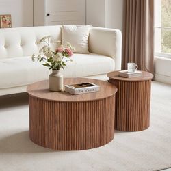 Round Nesting Coffee Table Set of 2, Mid Century Modern Wood Coffee Table and End Table Set, Minimalist Center Tables Circle Side Table for Living Roo