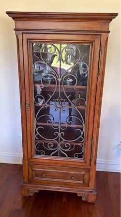 Eathan Allen Wood Display/Wine Cabinet with Iron Scrollwork Door