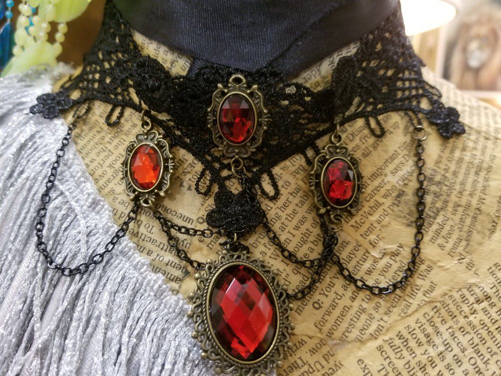 Red Rhinestone and Faux Black Onyx  Spider Lace Chokers 