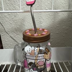 Hello Kitty And Friends Handmade Glass Cup With Lid And Handle 