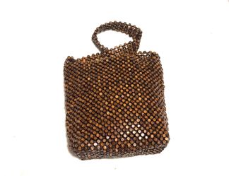 Brown Wooden Beaded Tote Handbag