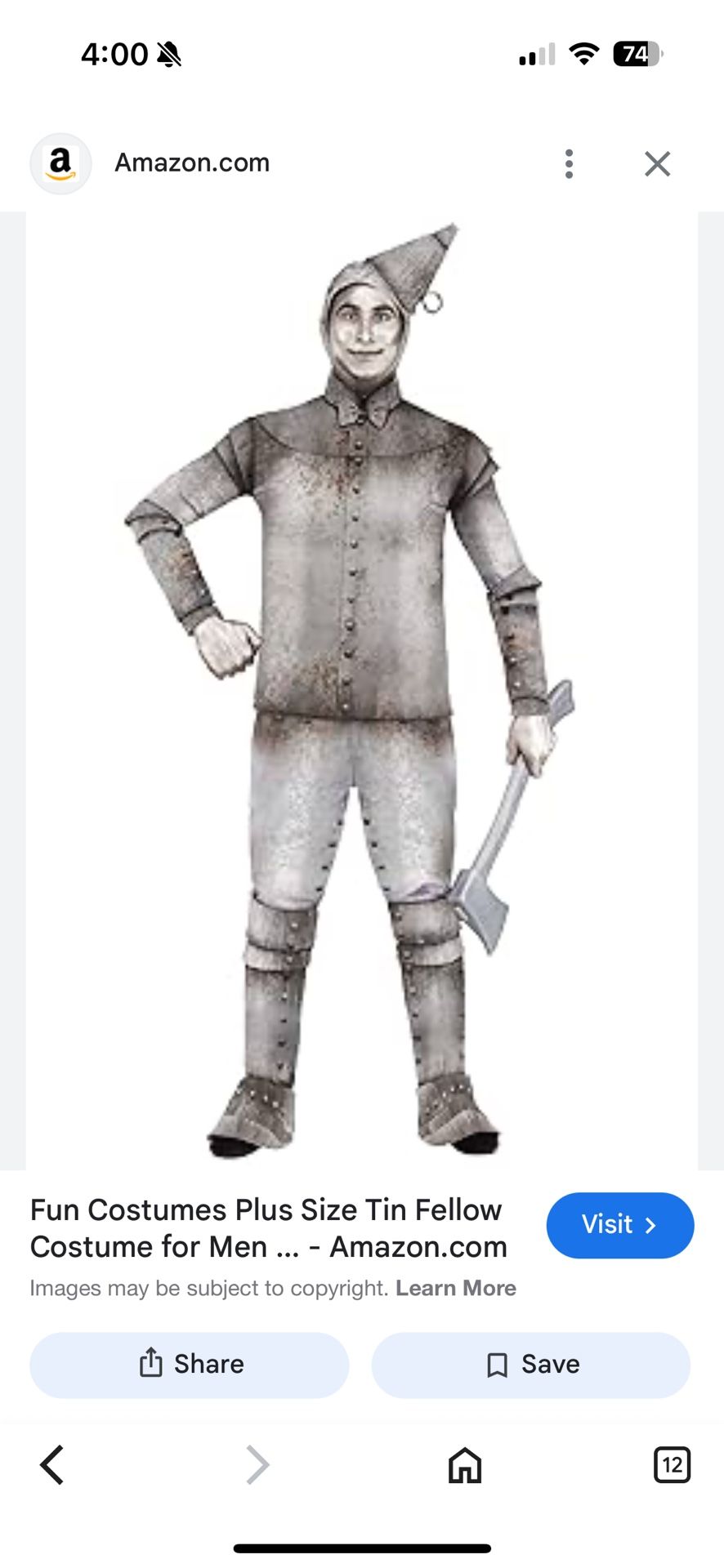 Men's Tin Fellow Halloween Costume Adult Size Large Grey Color 7 Pc Set, New with tags, exclusive products, hat, headpiece, top, chest plate, gauntlet