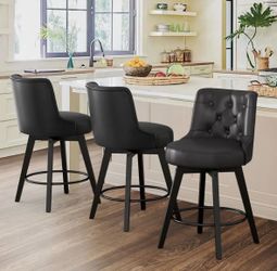 3X Black 26” swivel faux leather barstools