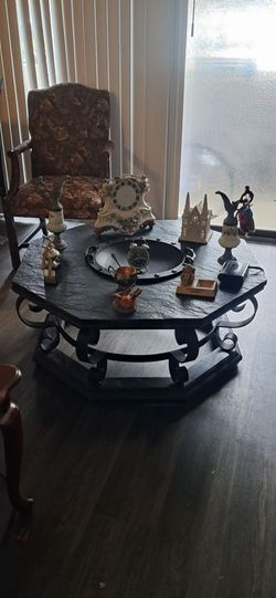 Vintage Mid-Century Slate Iron Spanish Revival Cocktail Coffee Octagonal Table