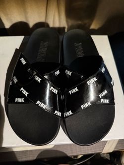 Pink Victoria Secret Black Logo Crossover Slide Sandals Sz 7.5