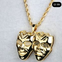 Sad Face 14K Plated Gold 3D Smile Now Cry Later Pendant 24" Rope Chain