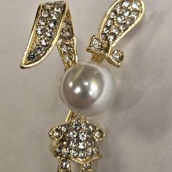Goldtone Clear Rhinestones & Faux Pearl Bunny Brooch Pin Easter Or Any Occasion