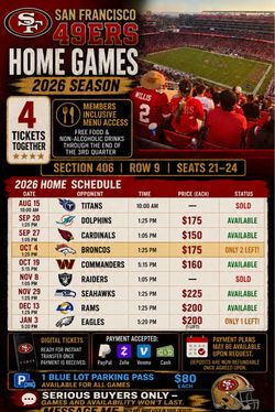 49ers 2026-27 Home Games (All Home Games) $150 & up