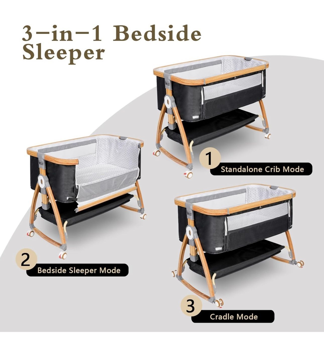 3 in 1 Baby Bassinet Bedside Crib Bed Newborn Infant, 6 Height Adjustable, Sleeper Mosquito net 