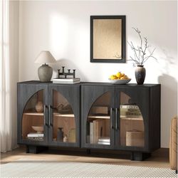Z361-JOINICE Sideboard Buffet Cabinet with Storage,63” Modern Accent Console Cabinet with Glass Doors,Arched Credenza Storage Cabinet with Adjustable 