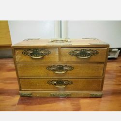 Vintage Asian Mahogany Brass Mounted 4 Drawer Jewelry Box Japan