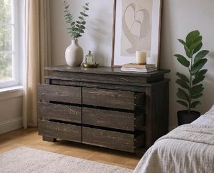 6-Drawer Double Dresser | Dark Rustic Wood | Wide Bedroom Storage | Farmhouse Style