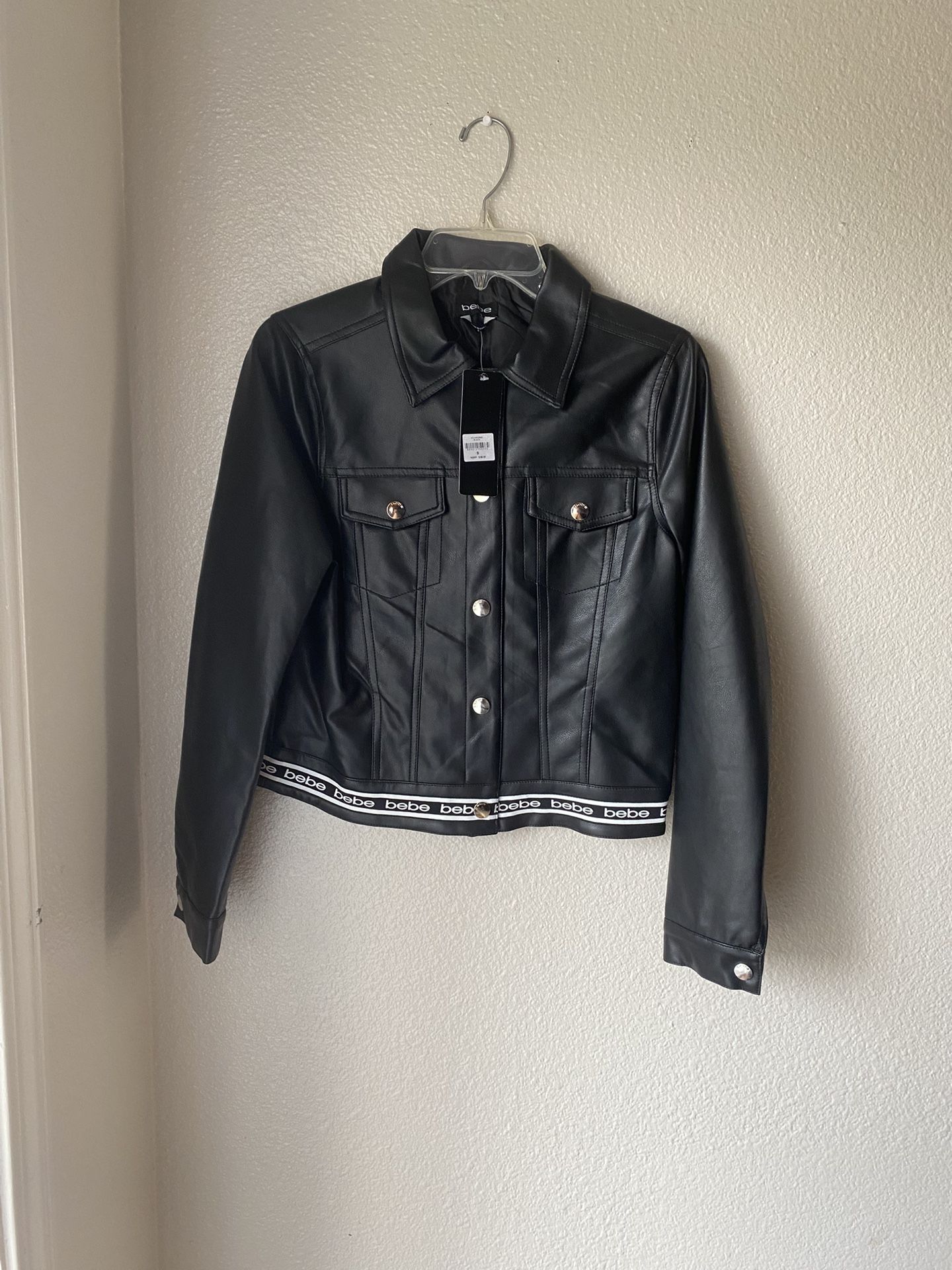 Brand New Woman’s Bebe brand Black Leather Jacket Up For Sale