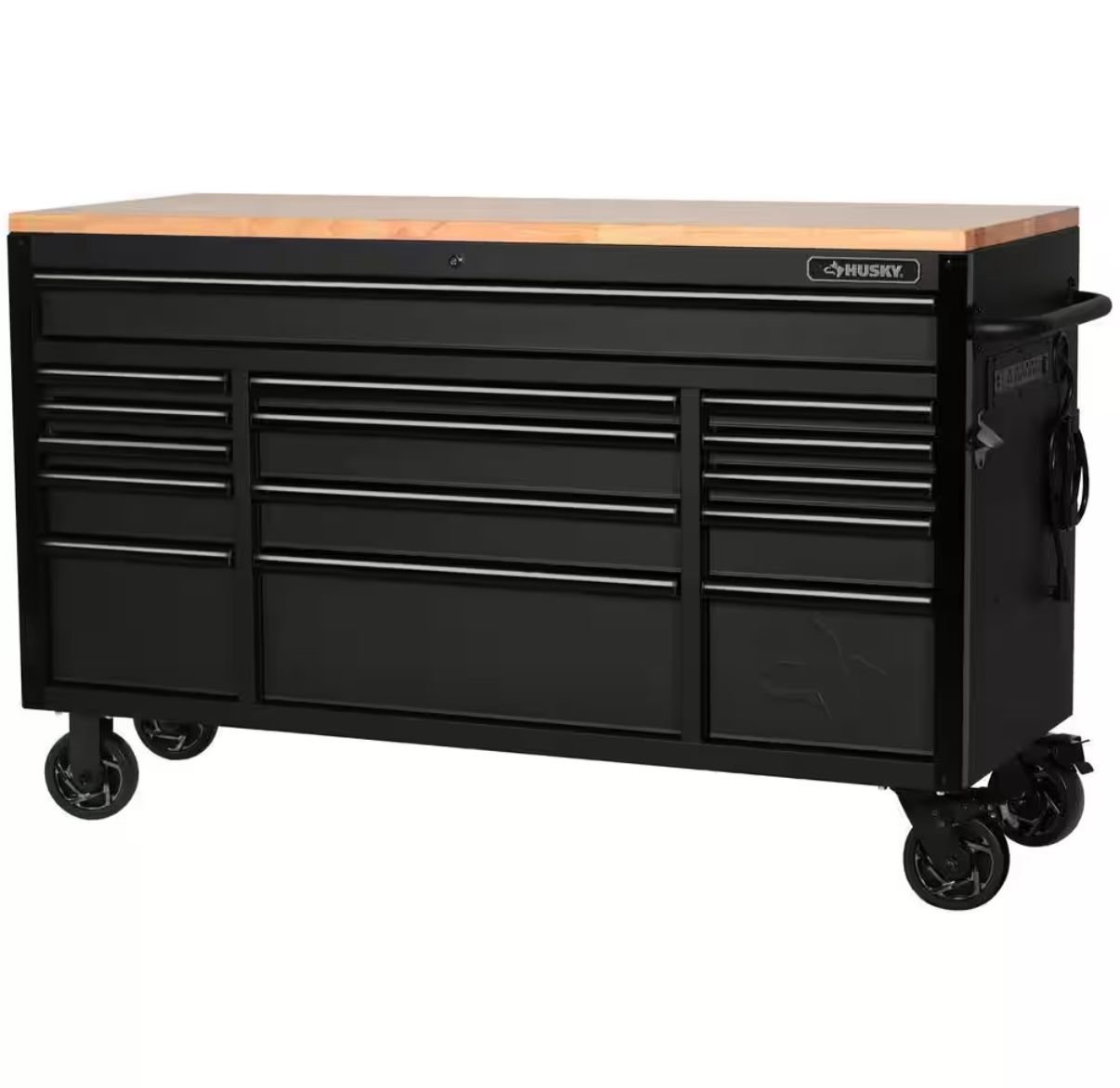 Husky 61 in. W x 23 in. D Heavy Duty 15-Drawer Mobile Workbench Tool Chest with Solid Wood Top in Matte Black